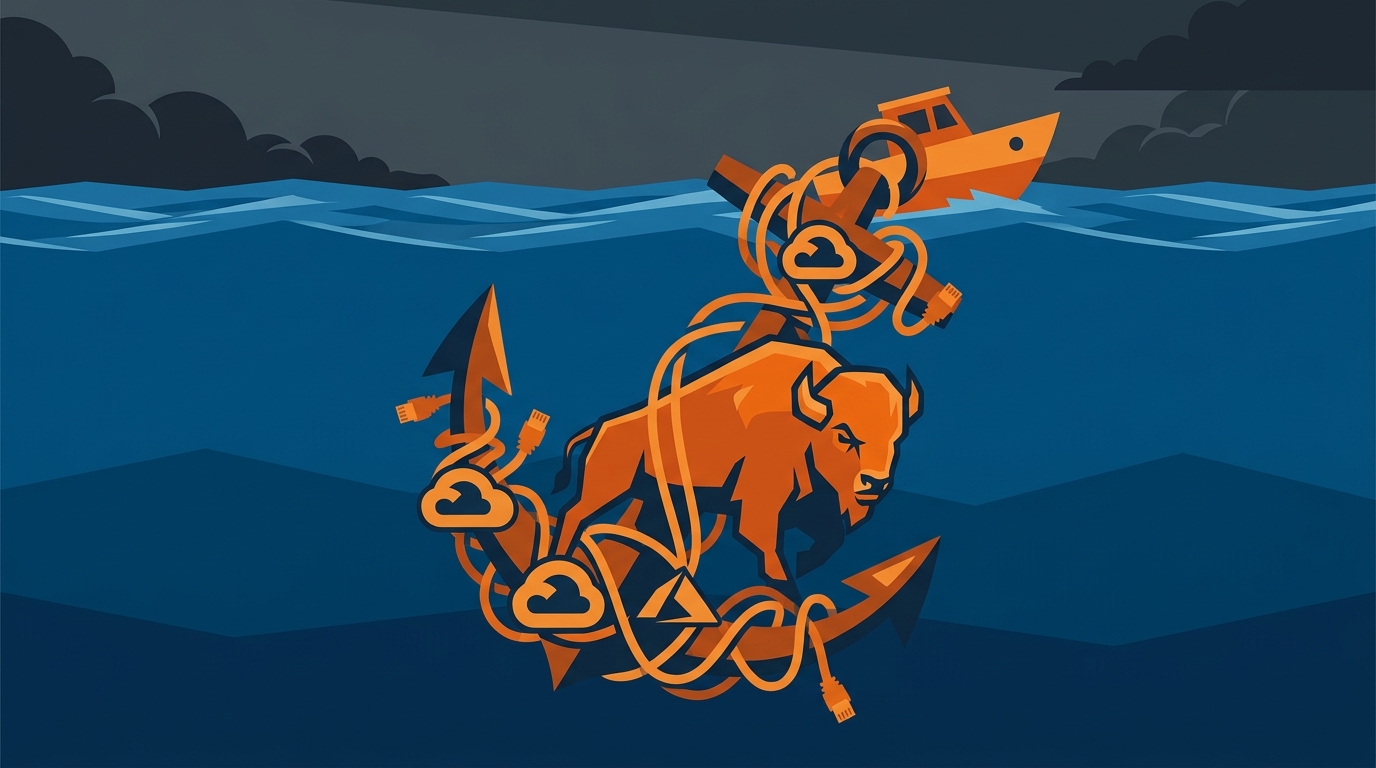 A massive anchor made of tangled ethernet cables and cloud service logos, half-submerged in deep blue water, with a small boat above struggling against the weight—dramatic lighting with storm clouds gathering on the horizon