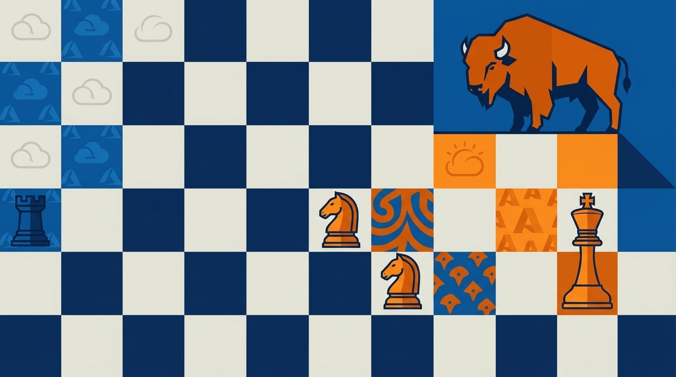 A chess board viewed from above at a crucial mid-game moment, where several pieces are positioned showing multiple possible strategies—the board's squares subtly textured with different cloud provider patterns, some pieces clearly committed to one region while others maintain central flexibility