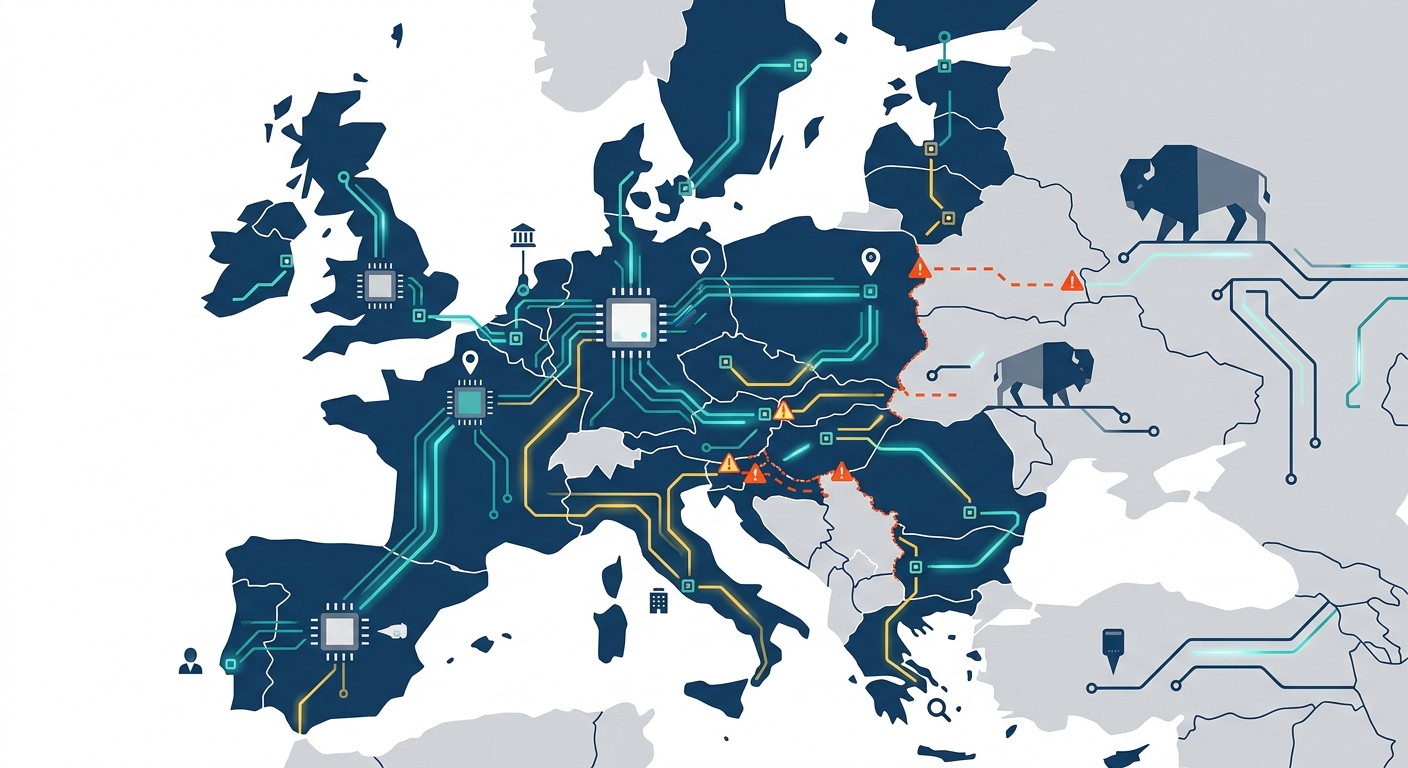A detailed map of Europe rendered as a circuit board, with major cities as chip components connected by copper traces. Some traces glow with flowing data while others show warning indicators at border crossings. The overall effect suggests both connectivity and regulatory friction as data moves across jurisdictions.