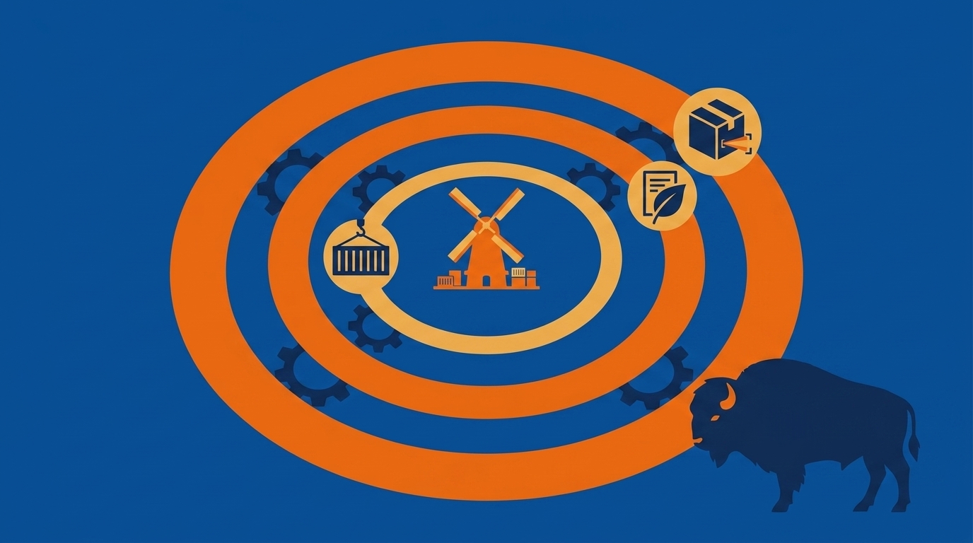 A mechanical orrery-style device where rotating brass rings represent different regulatory frameworks (EU customs, sustainability reporting, ICS2) with a central Dutch logistics hub trying to maintain synchronisation—conveying the constant motion of compliance requirements