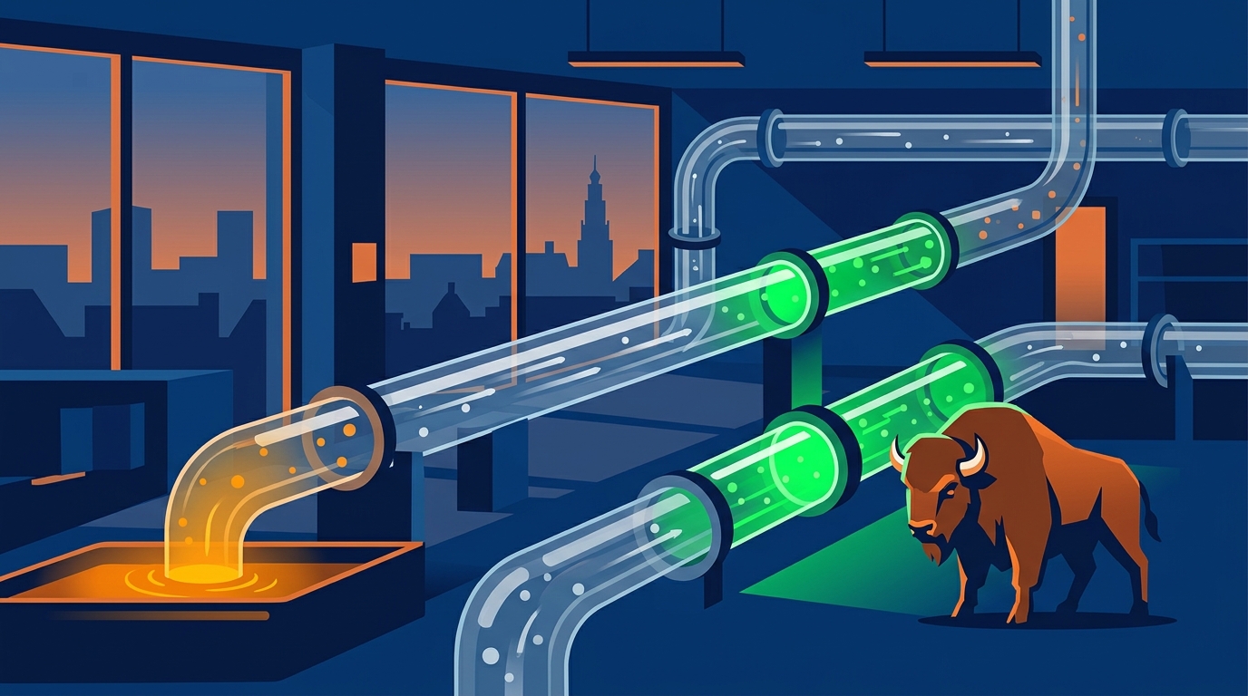 A partially transparent glass pipeline system running through a Dutch office building at dusk, with visible data particles flowing through — some sections illuminated by green security checkpoints, others showing amber warning lights where data pools in unauthorised reservoirs