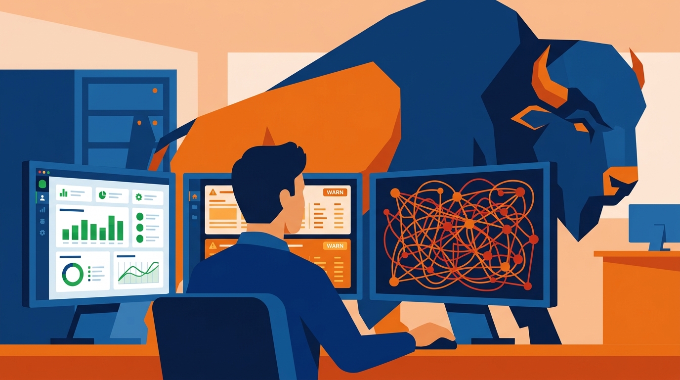 A control room with multiple monitoring screens showing different applications — some screens green and organised, others amber with warning indicators, one showing a dependency map that has become an incomprehensible tangle