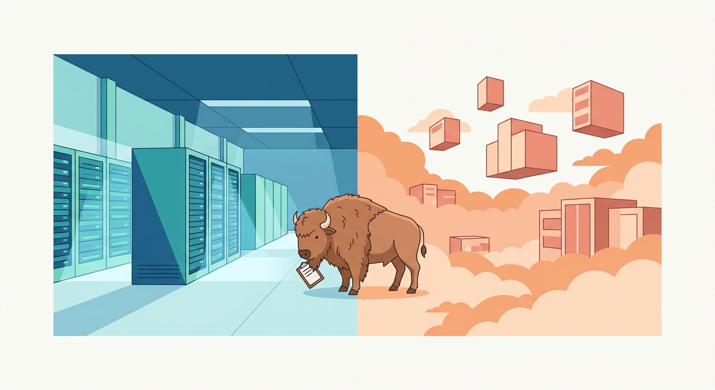 A vast industrial warehouse split down the middle — one half containing rows of humming server racks bathed in cool blue light, the other half dissolving into an infinite cloudscape of floating data centres, with a single engineer standing at the threshold between both worlds, clipboard in hand
