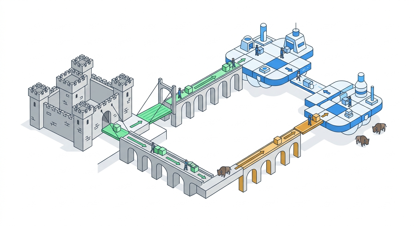 An architectural blueprint-style diagram showing a medieval castle (representing on-premises) connected via a series of drawbridges and aqueducts to floating sky platforms (representing cloud), with small figures moving cargo between them along clearly marked pathways — some routes highlighted in green as efficient, others in amber as costly